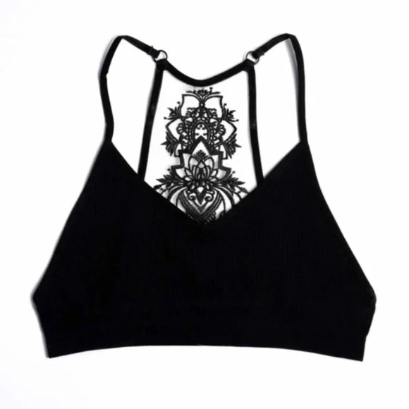 Black Boho Floral Lace Mesh Racerback Bralette - Picture 3 of 4